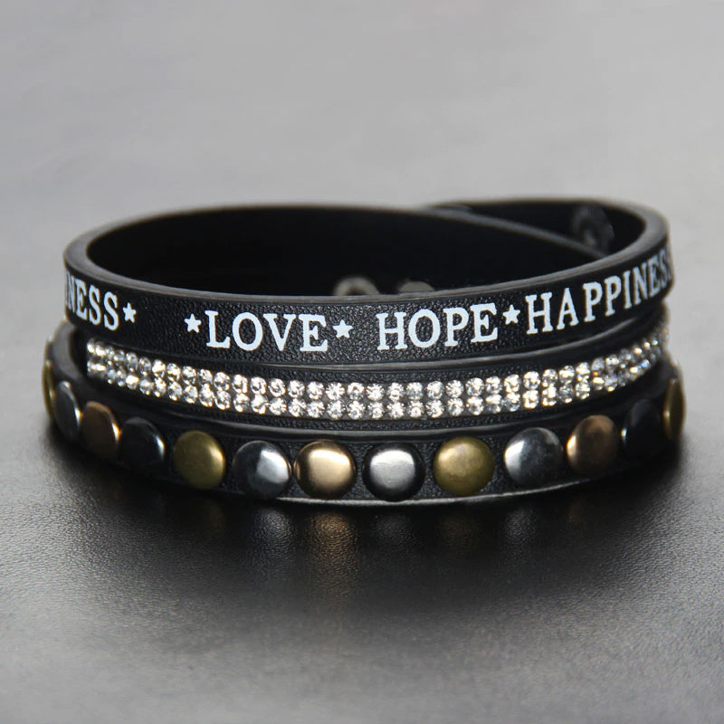Love Hope Happiness Rhinestone Studded Bracelet Faux Leather Bracelet