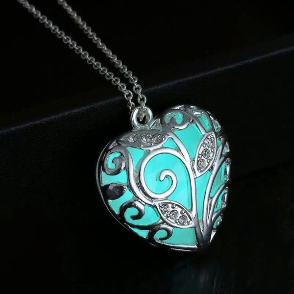 "Glowing Aqua Heart Pendant Necklace - Silver Plated"