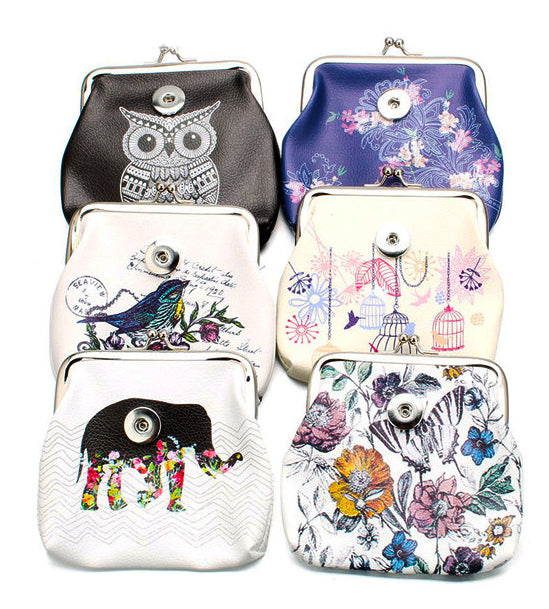 "Snap Button Coin Purse with Elephant, Owl, and Bird Designs"(1pc)