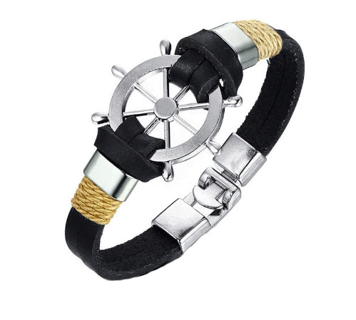 "Sailor's Charm: Marine Sailor Leather Bracelet with Helm Connector (Unisex)"