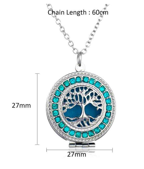 Aromatherapy Necklace, Essential Oil Diffuser, Silver with Tree of Life Rhinestone Locket Aromatherapy Necklace for Women