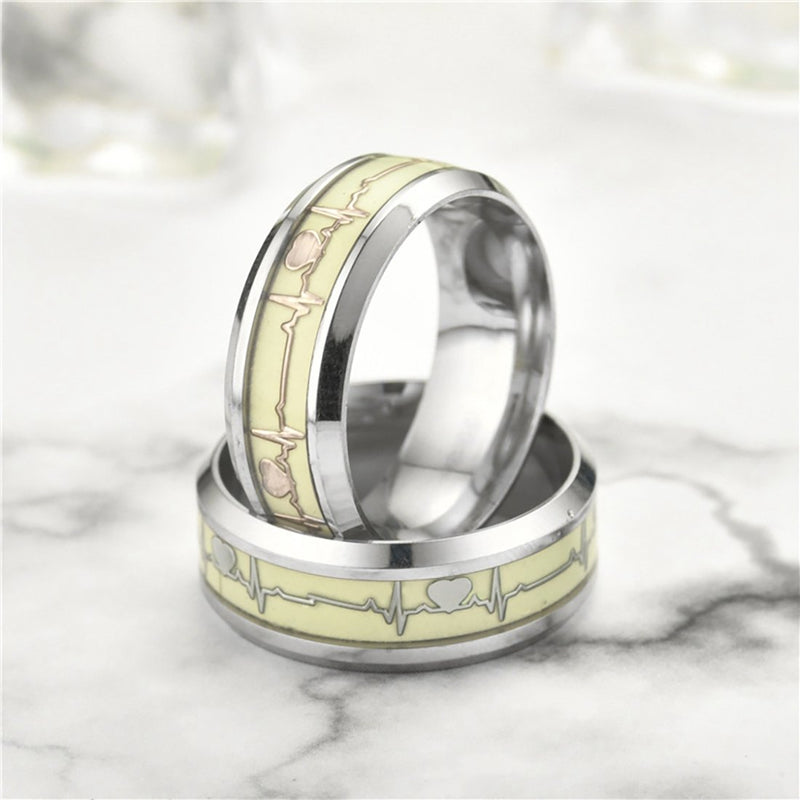 "Glow in the Dark Heartbeat Ring - Titanium Stainless Steel Band" (Sizes 6-10)
