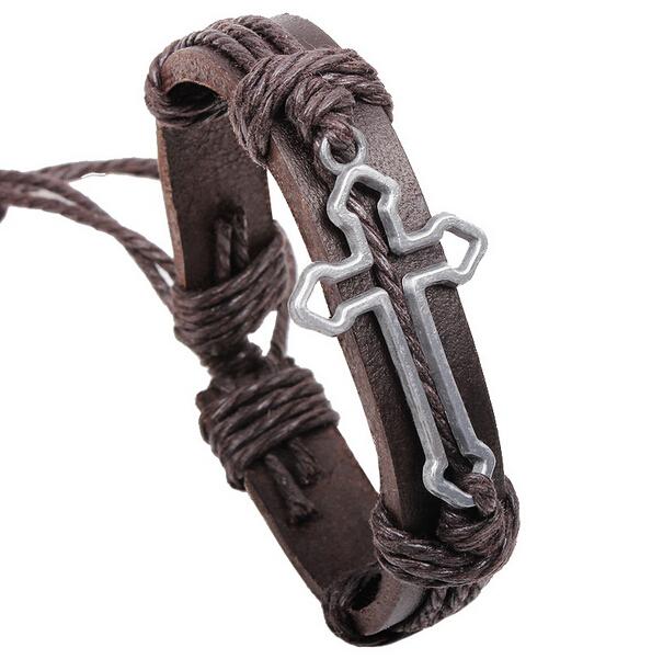 "Handmade Genuine Leather Adjustable Cross Bracelet - A Symbol of Faith and Style"(1pc)